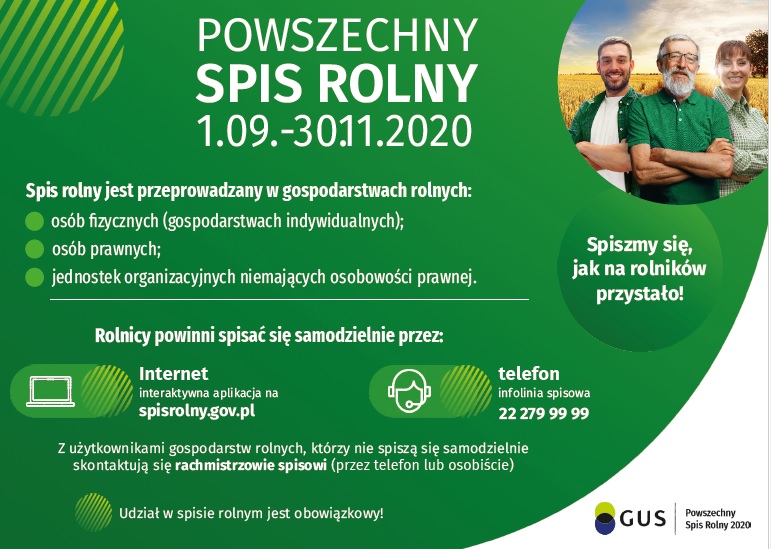 Powszechny Spis Rolny 2020 - zielony plakat z wymienionymi metodami spisu 