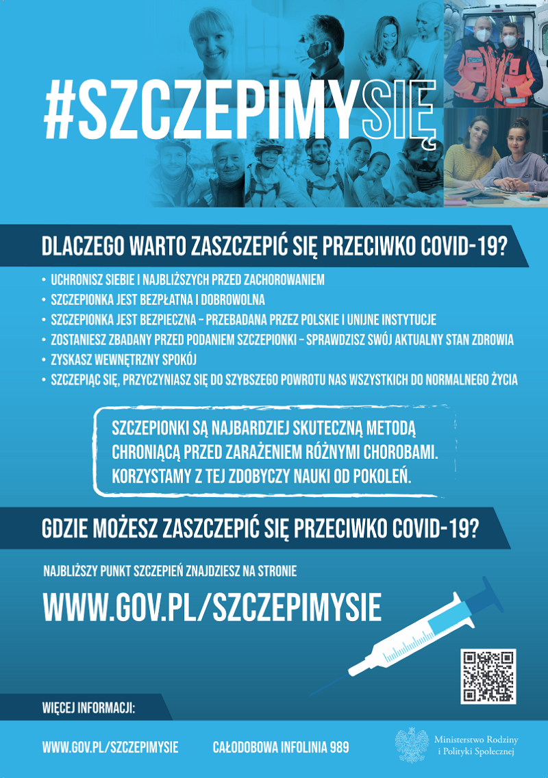 Niebieski plakat #SZCZEPIMYSIĘ, opisane dlaczego warto się zaszczepić przeciwko COVID-19 oraz gdzie można się zaszczepić