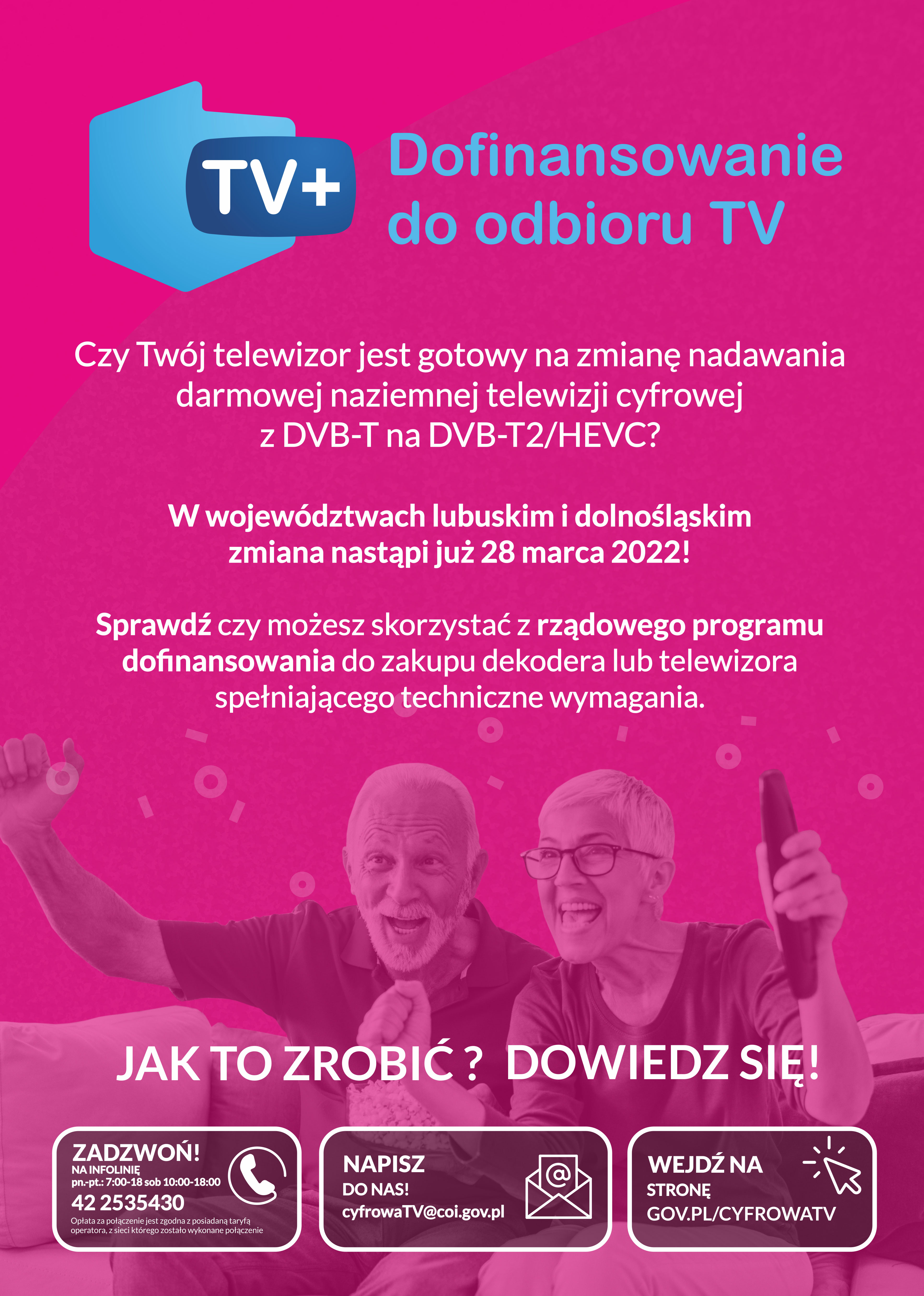 Różowy plakat dofinansowanie do odbioru TV
