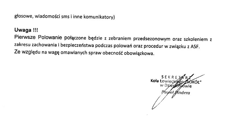 podpis prezesa Koła Łowieckiego w Dzierżoniowie