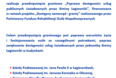 Gmina Łagiewnikirealizuje przedsięwzięcie grantowe „Poprawa dostępności usług publicznych świadczonych przez Gminę Łagiewniki”
