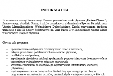 17 września w naszej Gminie ruszył Program powszechnej nauki pływania „Umiem Pływać”